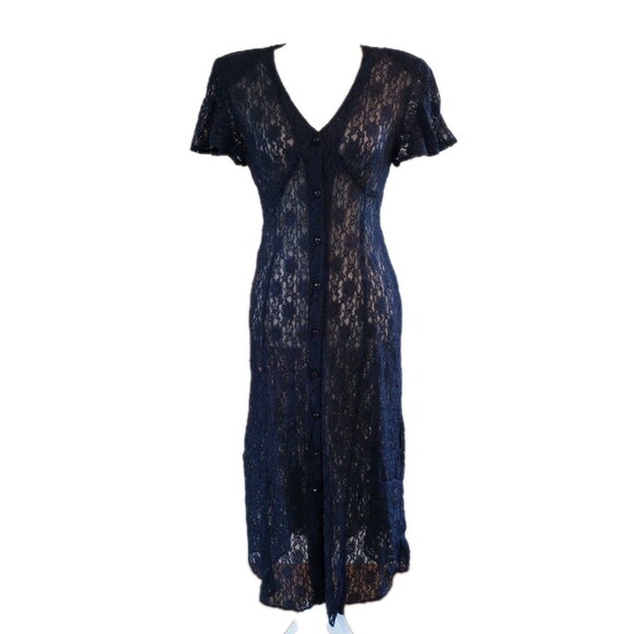 1990s Sheer Lace Dress Medium Navy Blue Button Up Fairy Whimsigoth Romantic - Picture 3 of 11